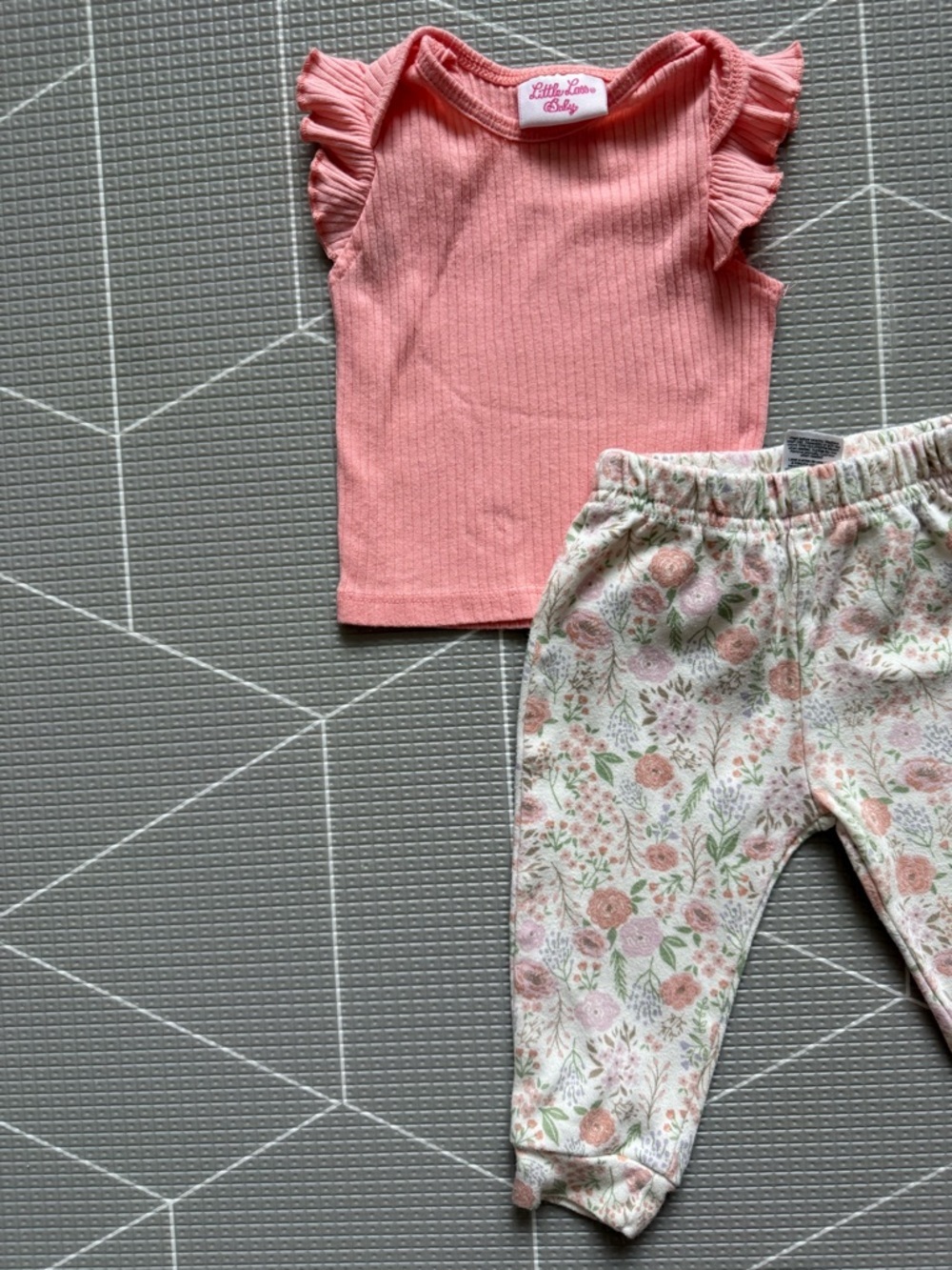 Little Lass|Baby girl spring set,Coral Ribbed Flutter Sleeve Top & Floral Pants•